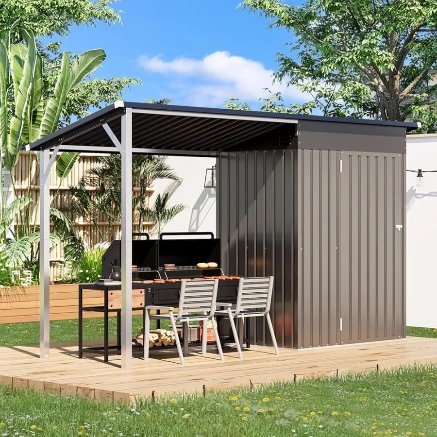 Outdoor storage shed hardtop gazebo combo, 5x3 feet, galvanized steel frame, charcoal gray, weather-resistant and quick-assembl