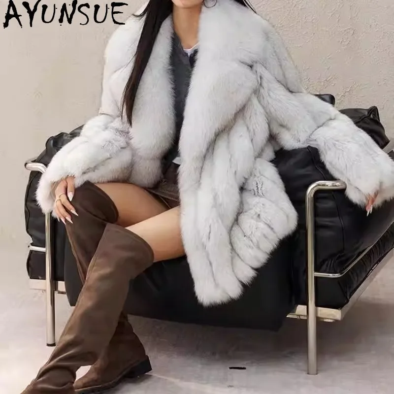 معاطف فرو الثعلب الحقيقي من AYUNSUE للنساء بدلة بياقة وسترة من الفرو معطف فرو عالي الشارع ملابس نسائية فاخرة ملابس شتوية Ropa Mujer