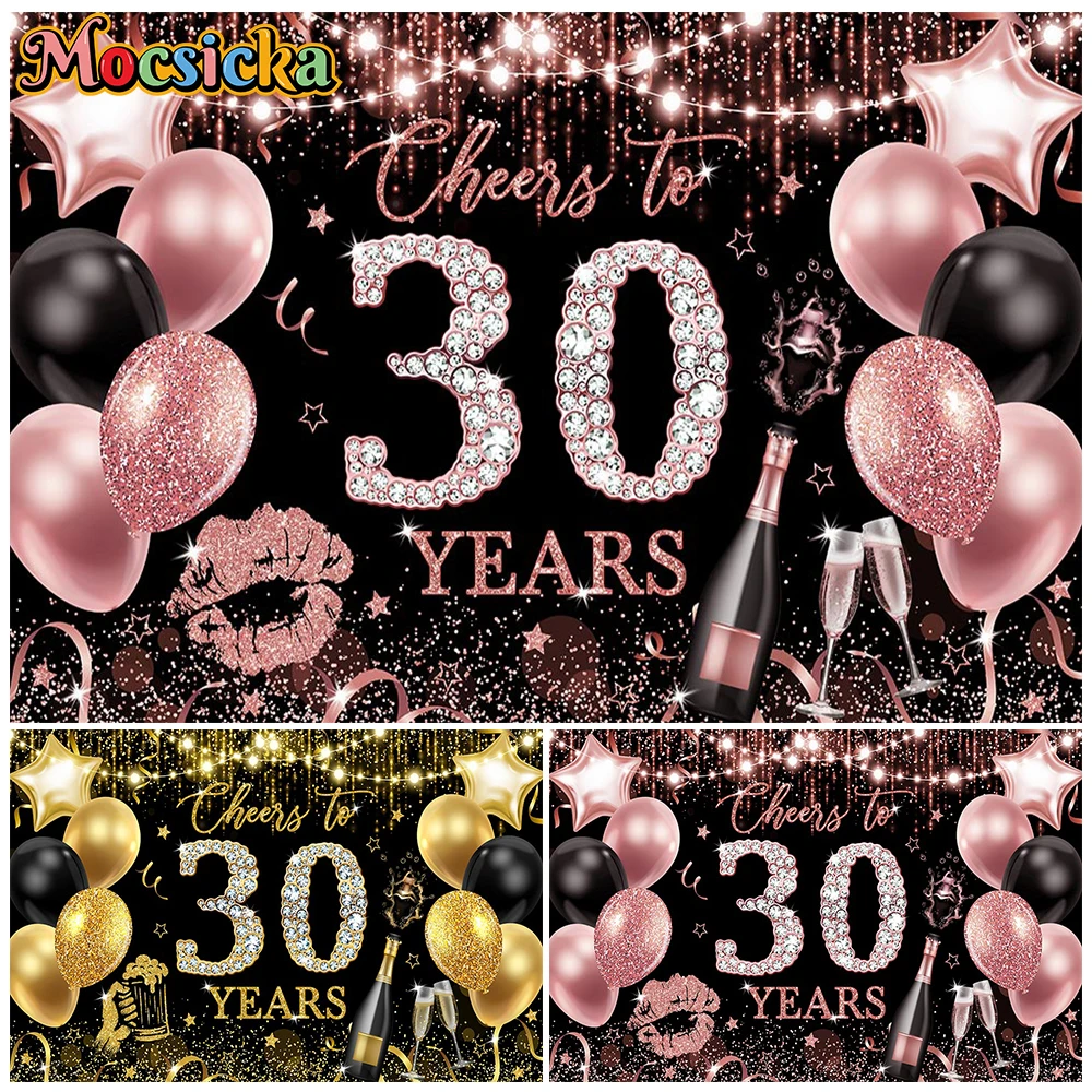 Mocsicka Cheers To 30 Years Backgrounds For Photographs Happy Birthday Party Backdrop Golden Pink Decoration Photo Studio Poster
