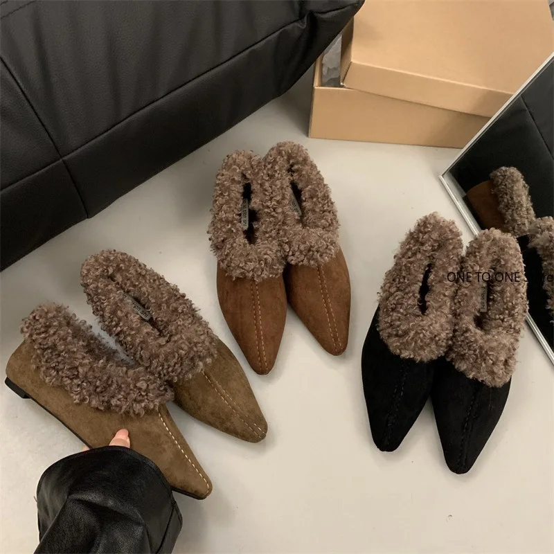 2025 Fur Flats Women Shoes Cotton Boots Pointed Toe Suede Sexy Warm Shoes for Woman Trend Winter Short Plush Elegant Fury Shoes