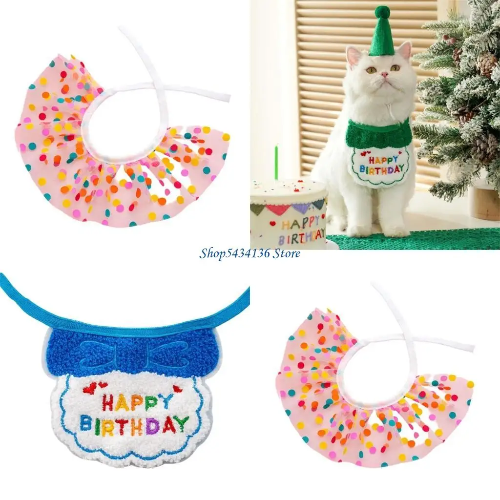 H7ED Pet Cats Birthday Set With Lovely Bib And Cone Hat Adjustable and Easy Wear for Various Occasion Festival Celebration