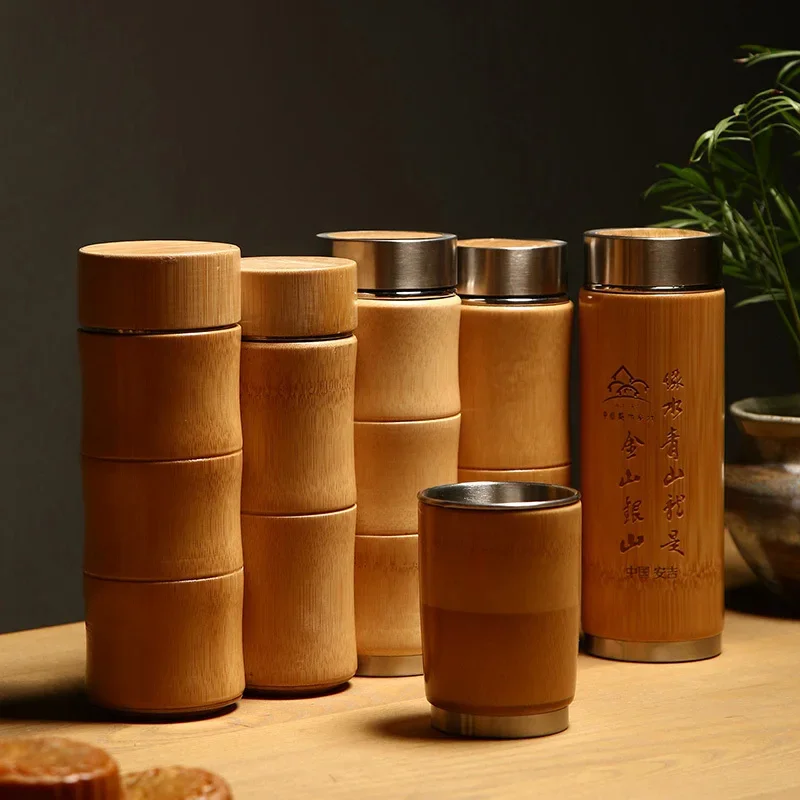 Creative Bamboo Thermos Cup 304 Stainless Steel Portable Tea Cup Handmade Bamboo Weaving Office Drinking Mug