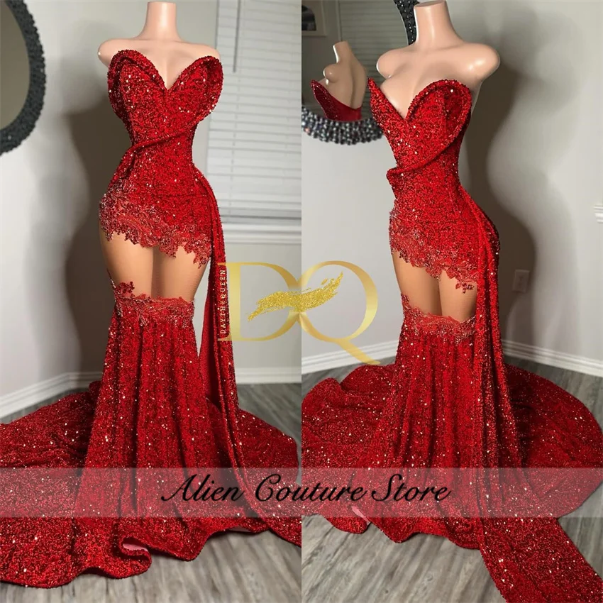 Glitter rosso lungo sirena abiti da ballo scintillanti perline cristalli diamanti abito da compleanno abito da sera personalizzato