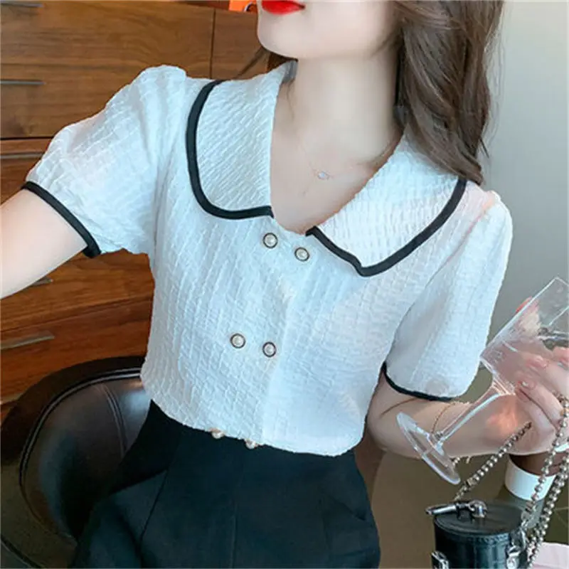 Contrast Loose Korean Blouse Summer New Short Sleeve Solid Color Youth All-match T Shirt Tops Sweet Fashion Trend Women Clothing