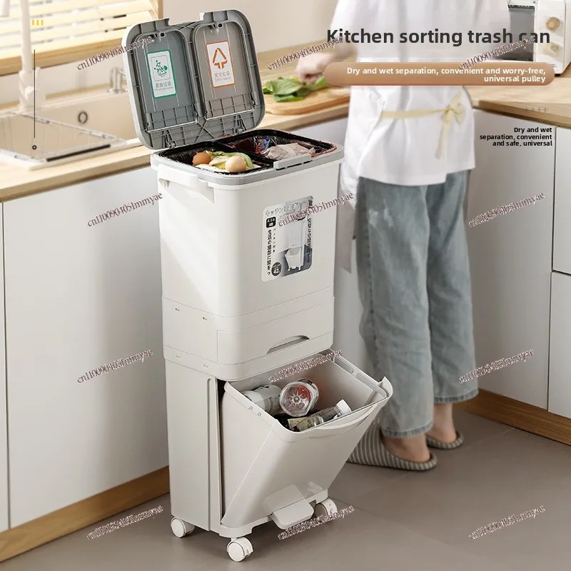 Kitchen trash can household large with lid double layer integrated dry and wet separation