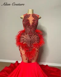 Sparkly Red Mermaid Prom Dresses Crystals Beads Rhinestones Birthday Dresses Luxury 2024 Elegant Party Dress Feathers Customized