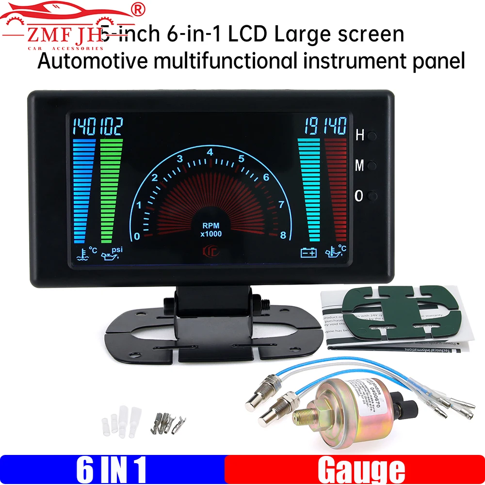 

ZMFJH Universal 6 IN 1 LCD Gauge 8000RPM Tachometer/Oil Pressure/Voltage/Water Temperature/Oil Temperature/Clock+Sensor for Car