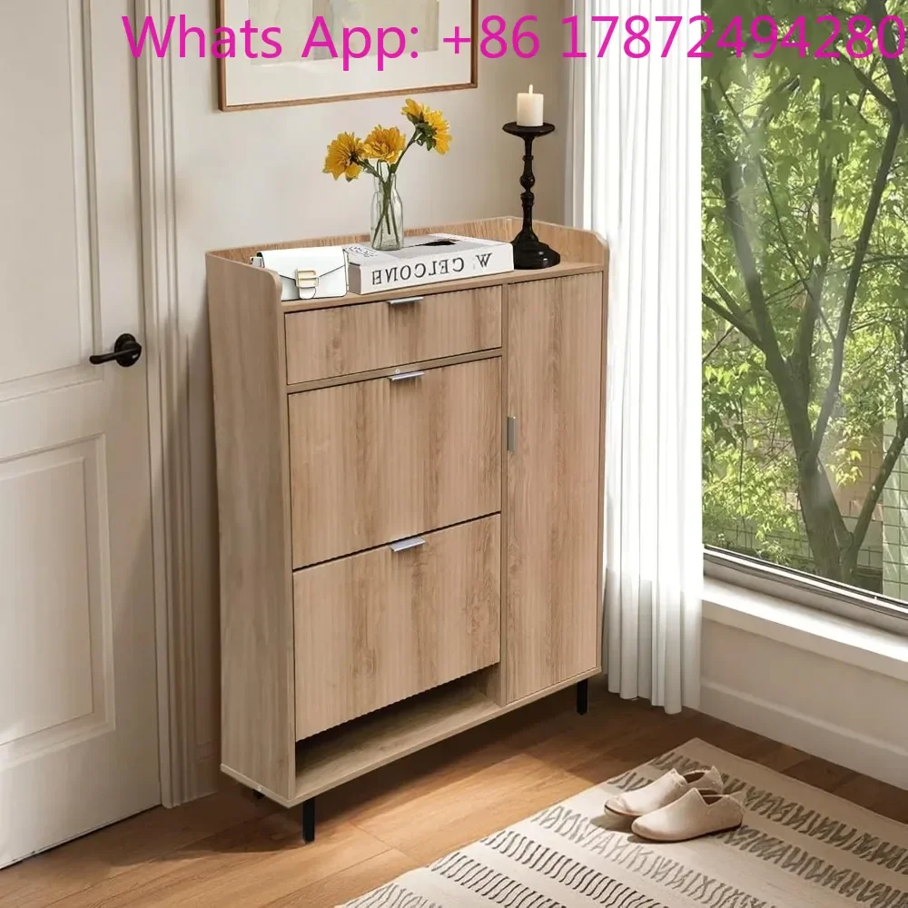 Shoe Storage Cabinet with 2 Flip Drawers, Wave Pattern Freestanding Shoe Organizer