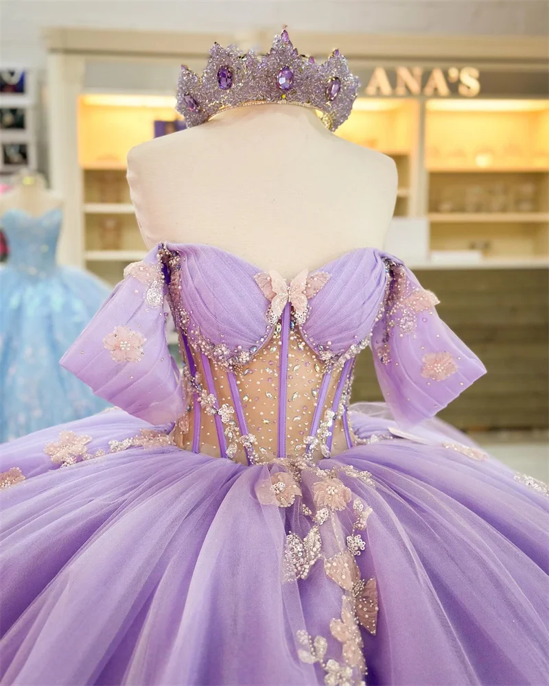 open lace back dress Light Purple Tulle Floral Embrodiery Quinceanera Dress main image 1