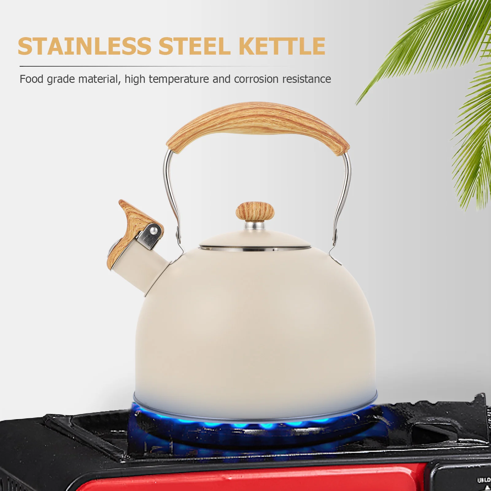 

Kettle Stainless Steel Practical Sounding Household Teakettle Water Heating Chocolate Whistling Wood Handle Beige Portable