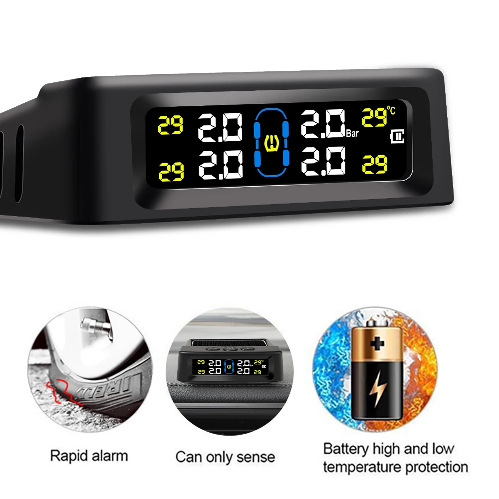 Solar Power TPMS Car Tire Pressure Alarm Monitor Auto Security Alarm Digital Colorful Display Tyre Pressure Temperature Warning