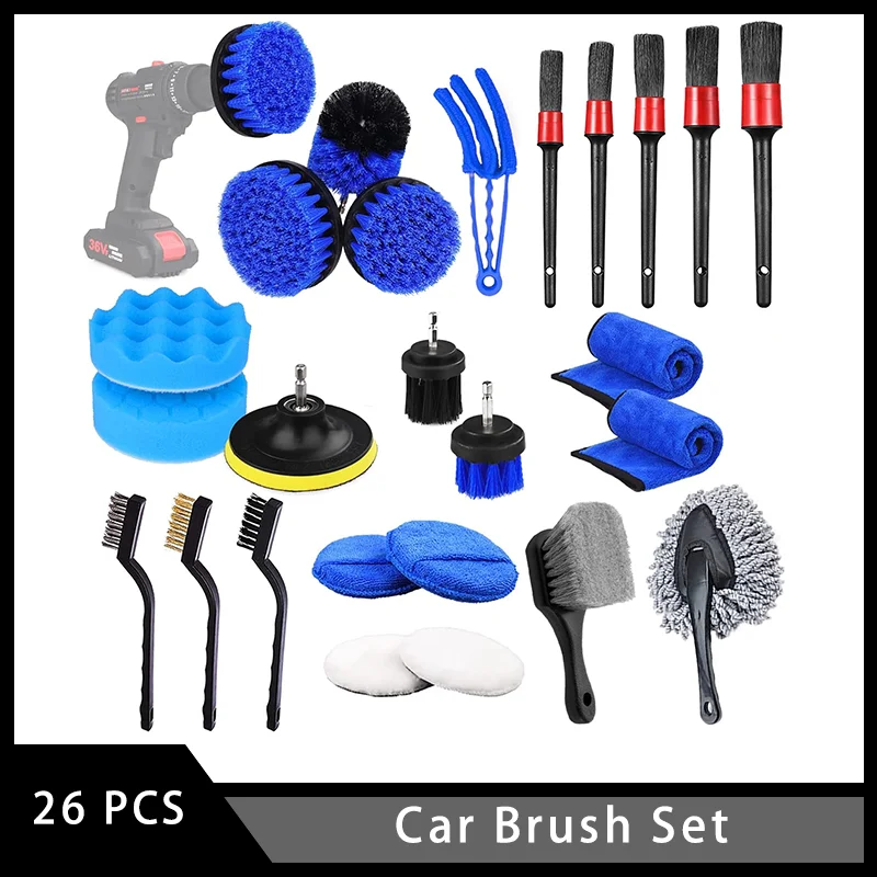 26 Pcs Car Brush Set with Drill Detailing Brushes Buffing Sponge Pads Cleaning Tools for Car Interior Exterior Wheels