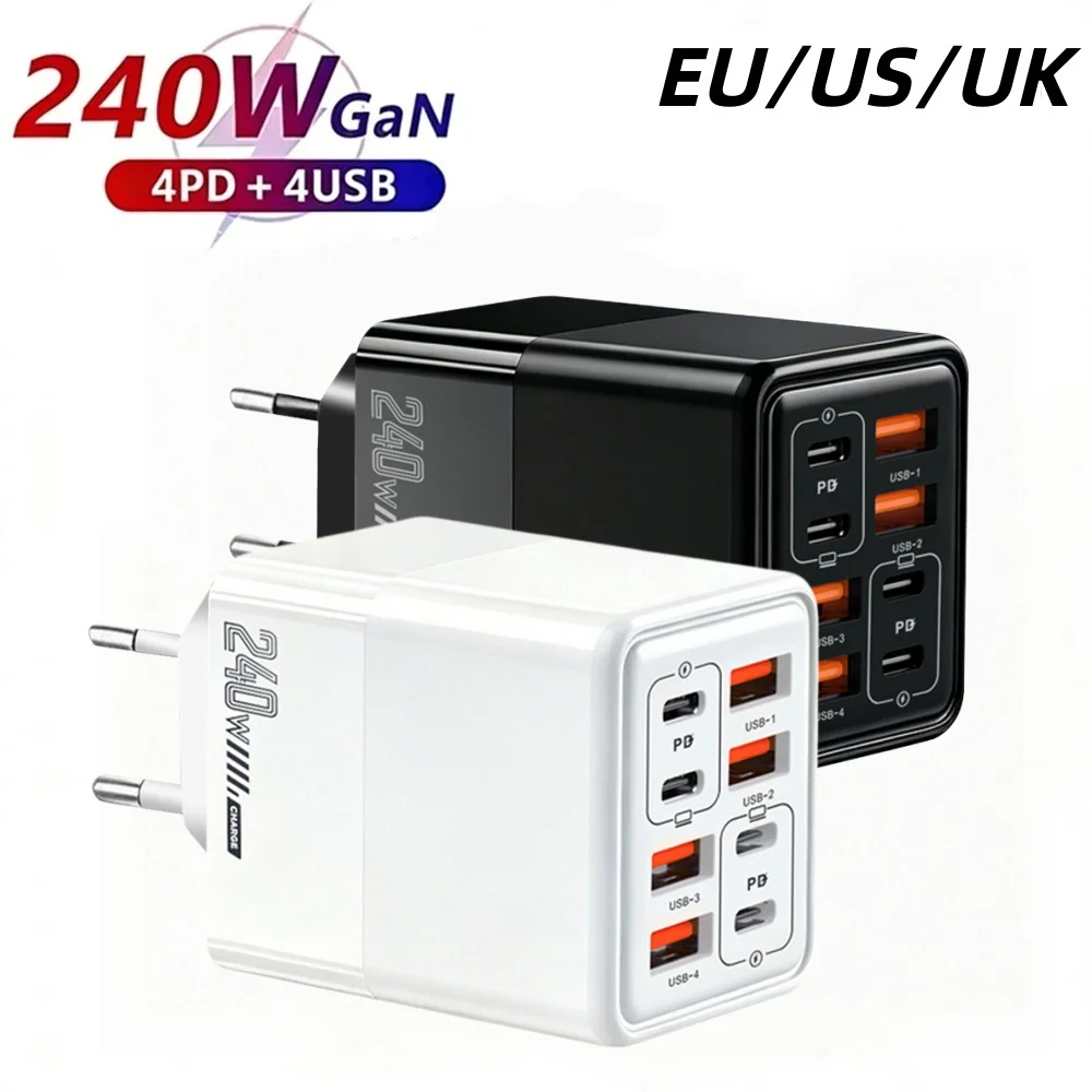 240W 8 In 1 USB C Charger Fast Charging EU/US/UK Plug Wall Charger Phone Charger Power Adapter For Iphone Samsung Xiaomi Huawei