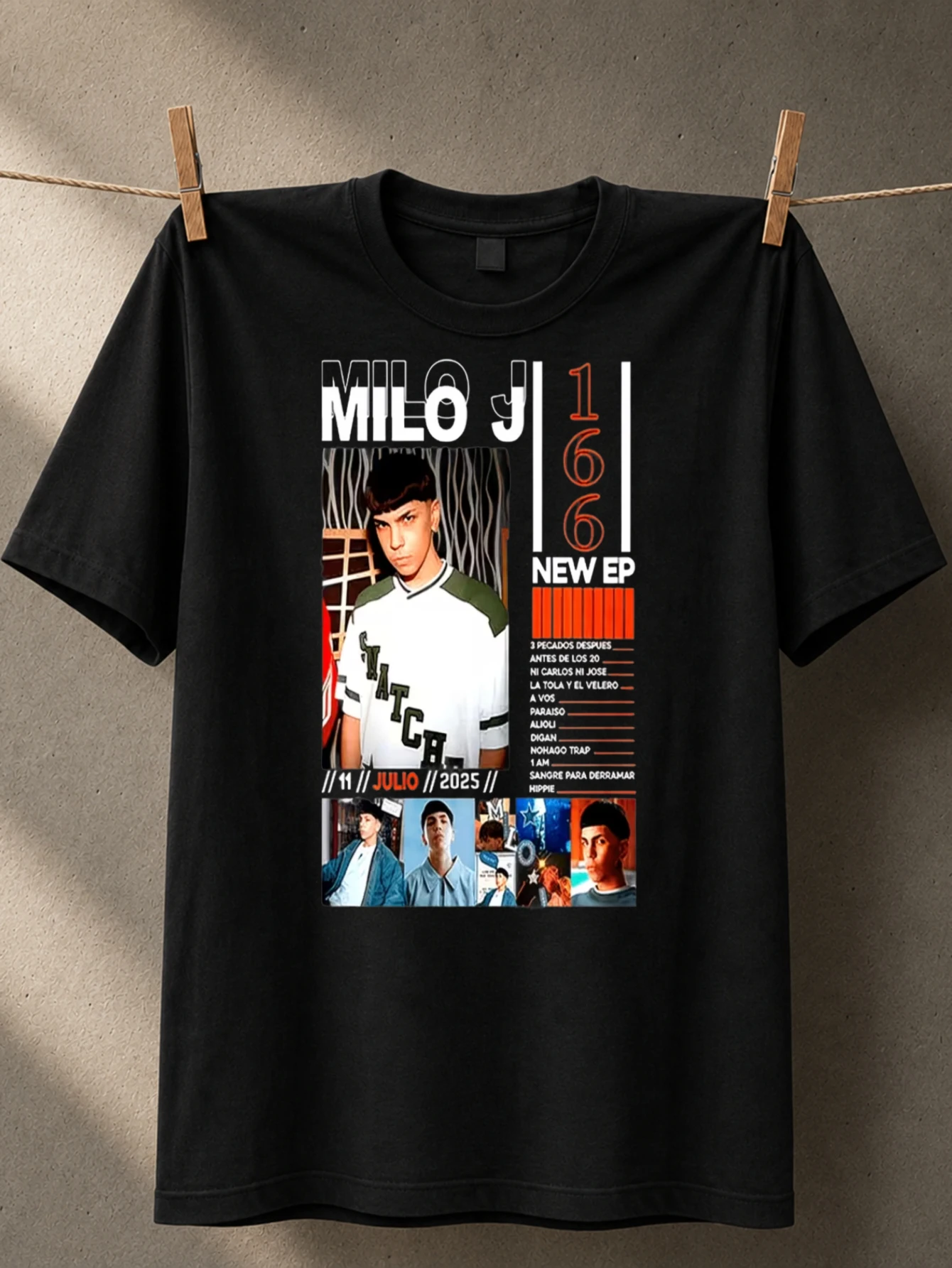 Milo J 166 New EP photo collage with orange track list July 2025 date and crisp street music layout  Unisex All T-Shirt