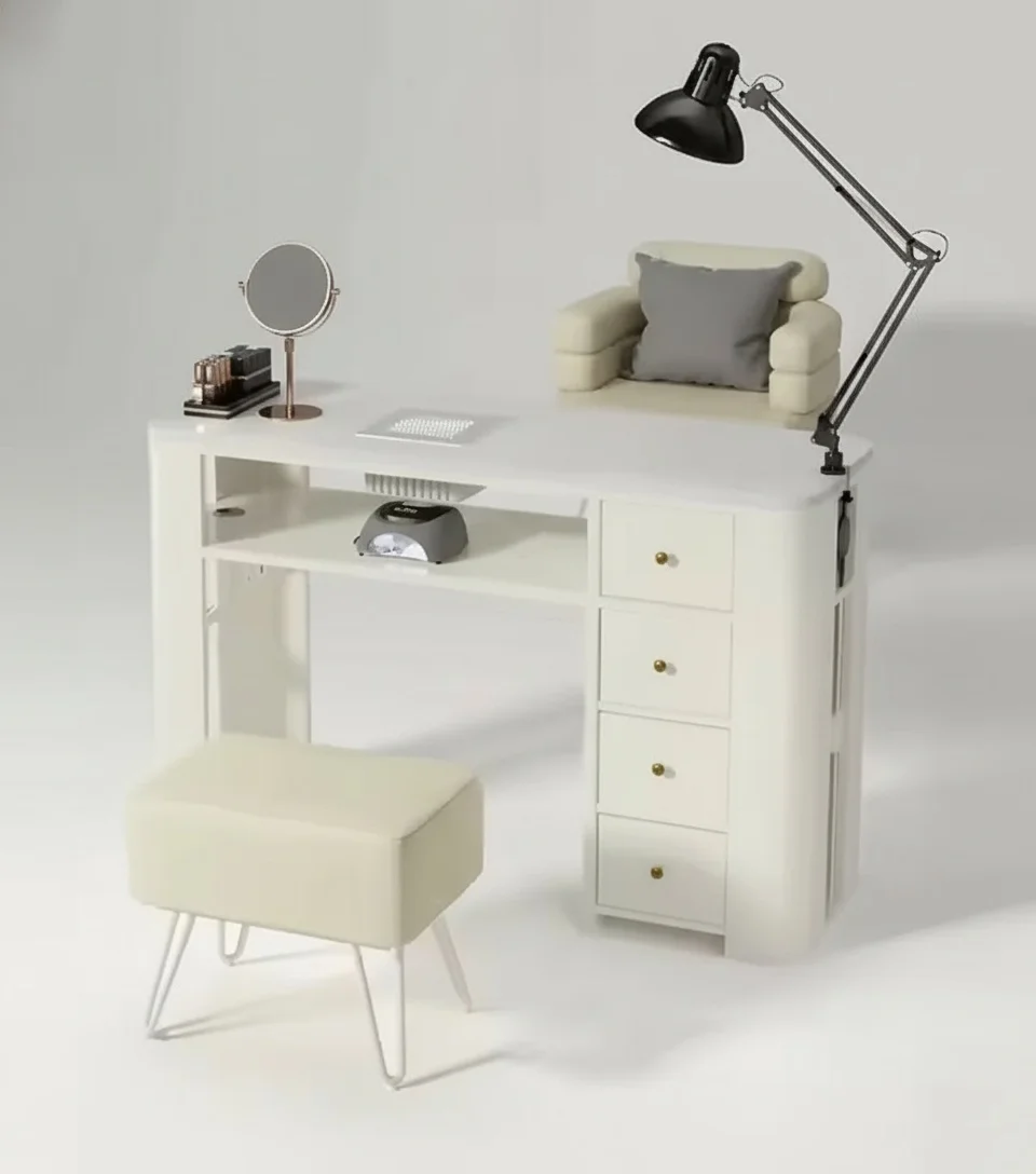 Manicure Table with Solid Wood and Marble Top, Wood Plastic Nail Table with Dust Collector, Nail Spa Station, Salon Furniture