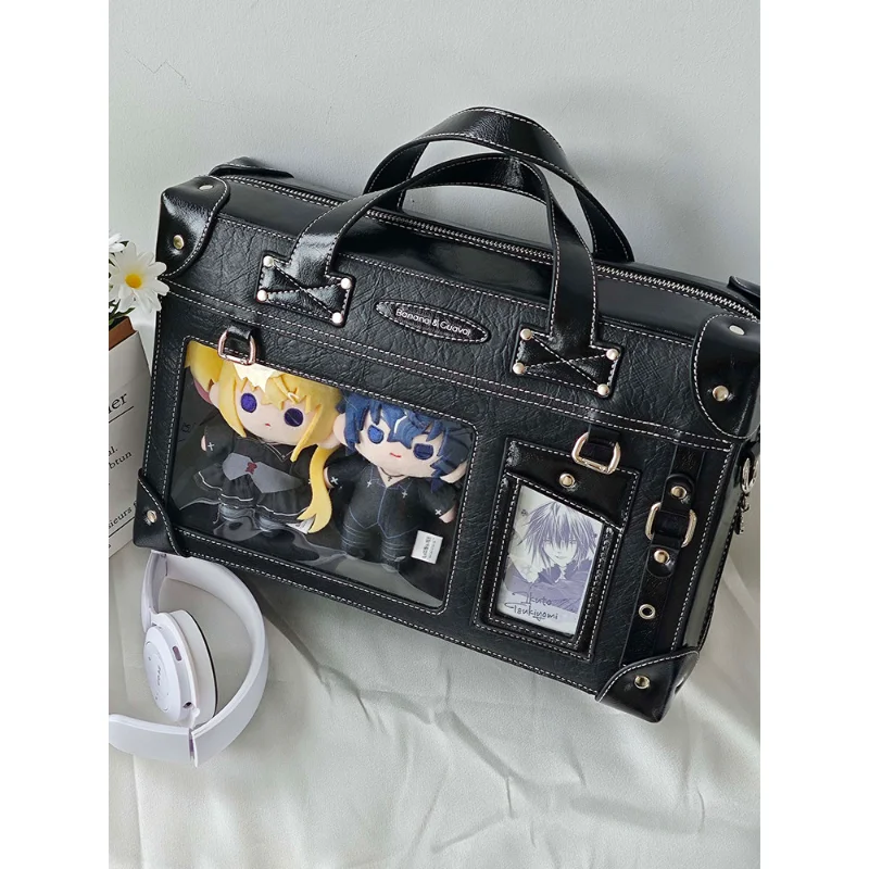 Black Retro Ita Briefcase Tote Bag, Clear Window & Photo Card Holder, PU Leather Handheld & Crossbody Bag for Anime Pin Display