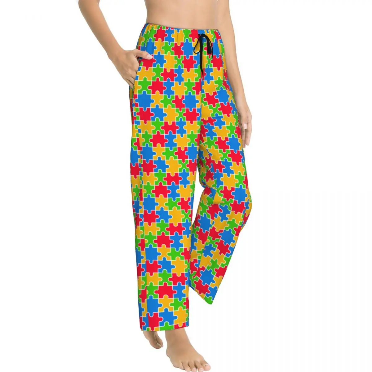 Custom Colorful Puzzle Autism Awareness Pajama Pants for Women Sleepwear Lounge Sleep Bottoms Stretch with Pockets