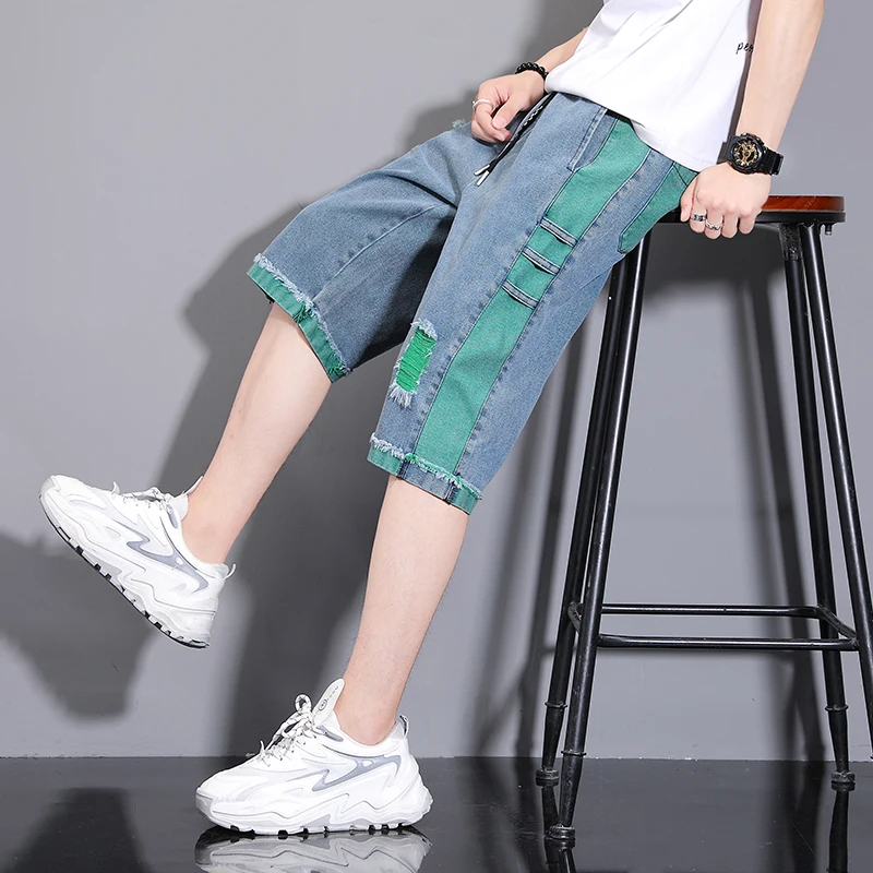 Men's Summer Thin Straight Loose Casual Jeans Shorts Wear Resistant Hole Design Versatile Seven-Foot Pants Cotton Denim