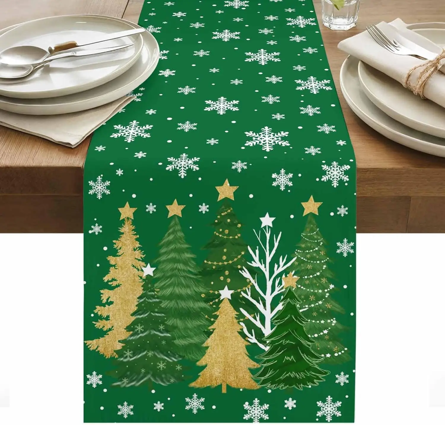 Christmas Snowflake Xmas Tree Green Table Runner Holiday Party Decor Washable Kitchen Dining Table Runner Christmas Decorations