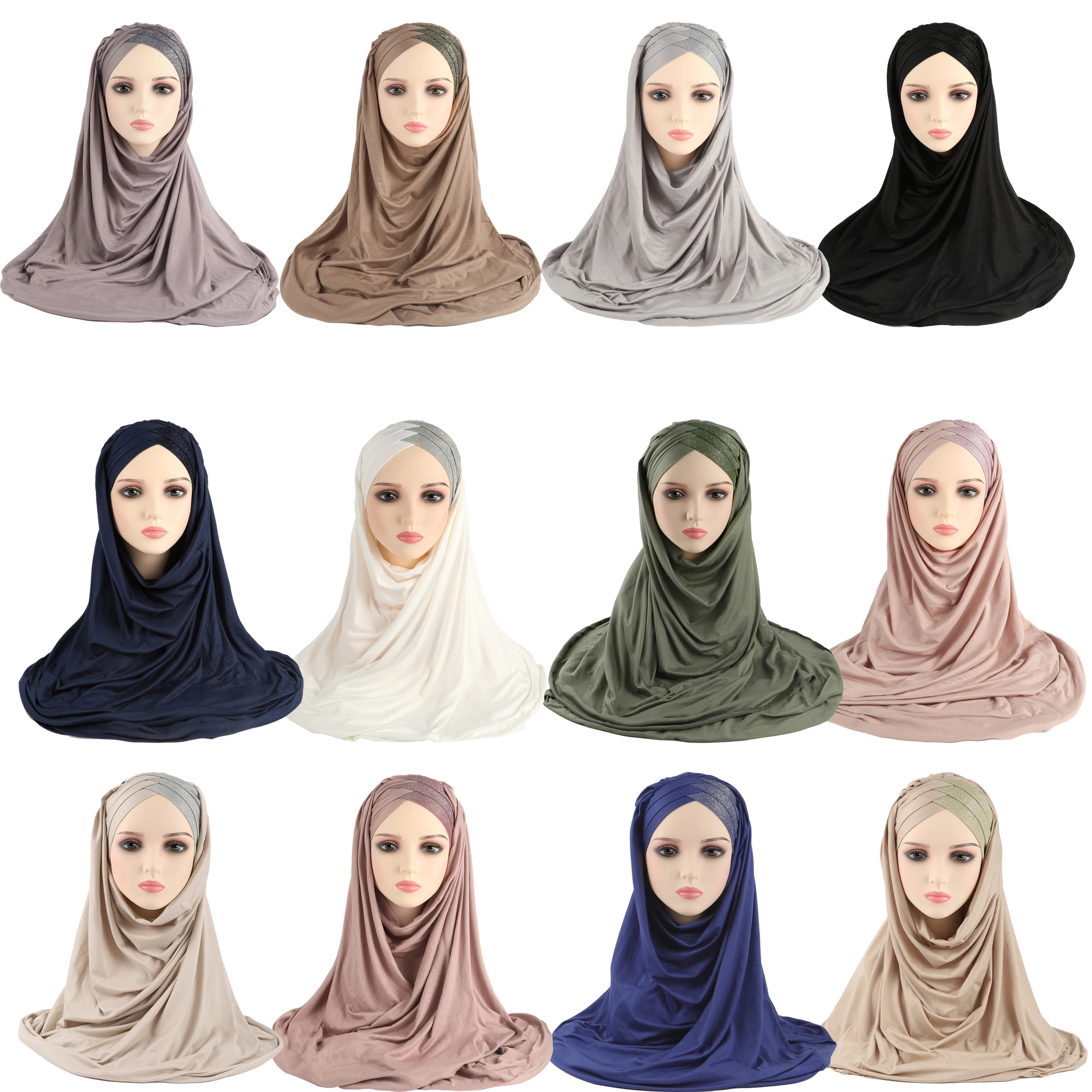 Long Scarf Mercerized Cotton Long + Strap Women's Monochrome Sequin Forehead Pattern Turban Hijab for Women Cotton Scarf Abaya