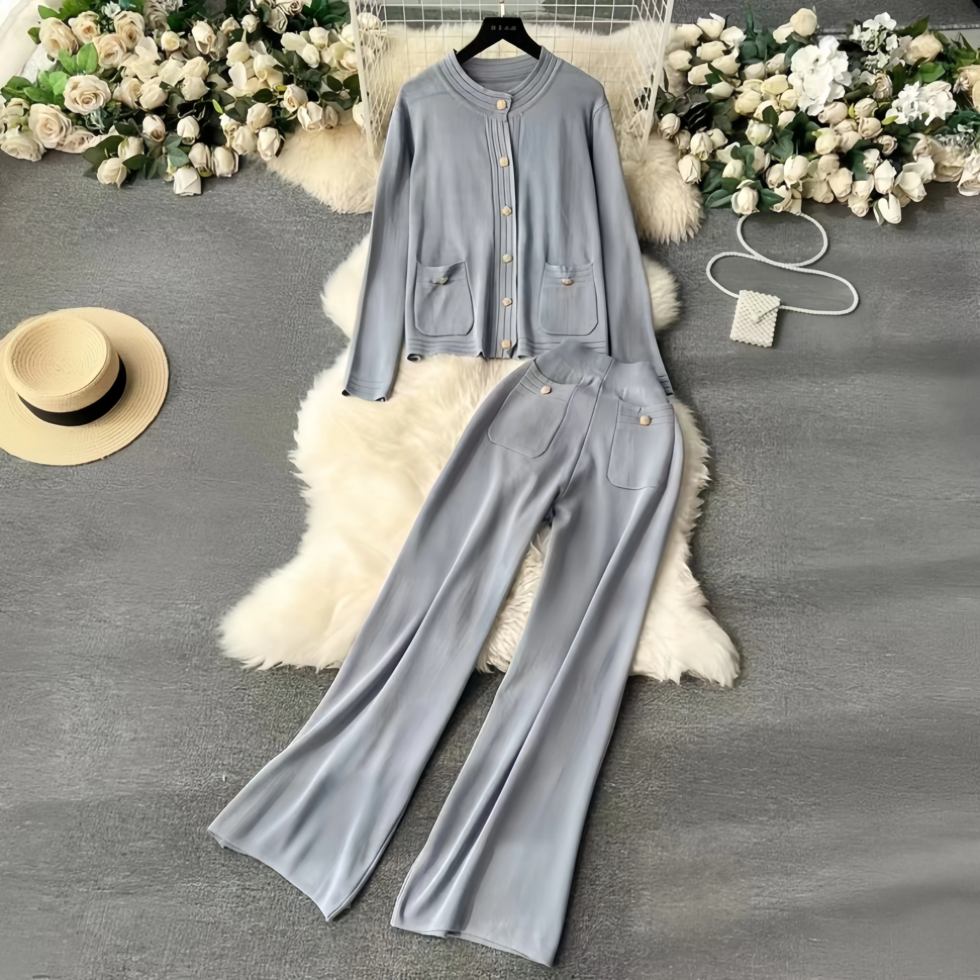 2024 New knit suit women\'s crew-neck single-breasted long-sleeved sweater pocket wide-leg pants fashion casual two-piece set