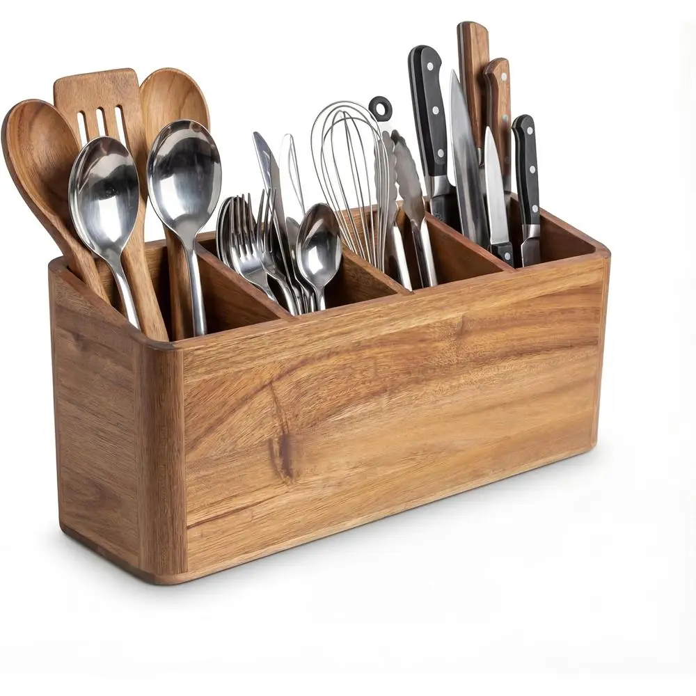

4-Section Acacia Wood Kitchen Organizer - Rustic Countertop Storage for Utensils and Silverware