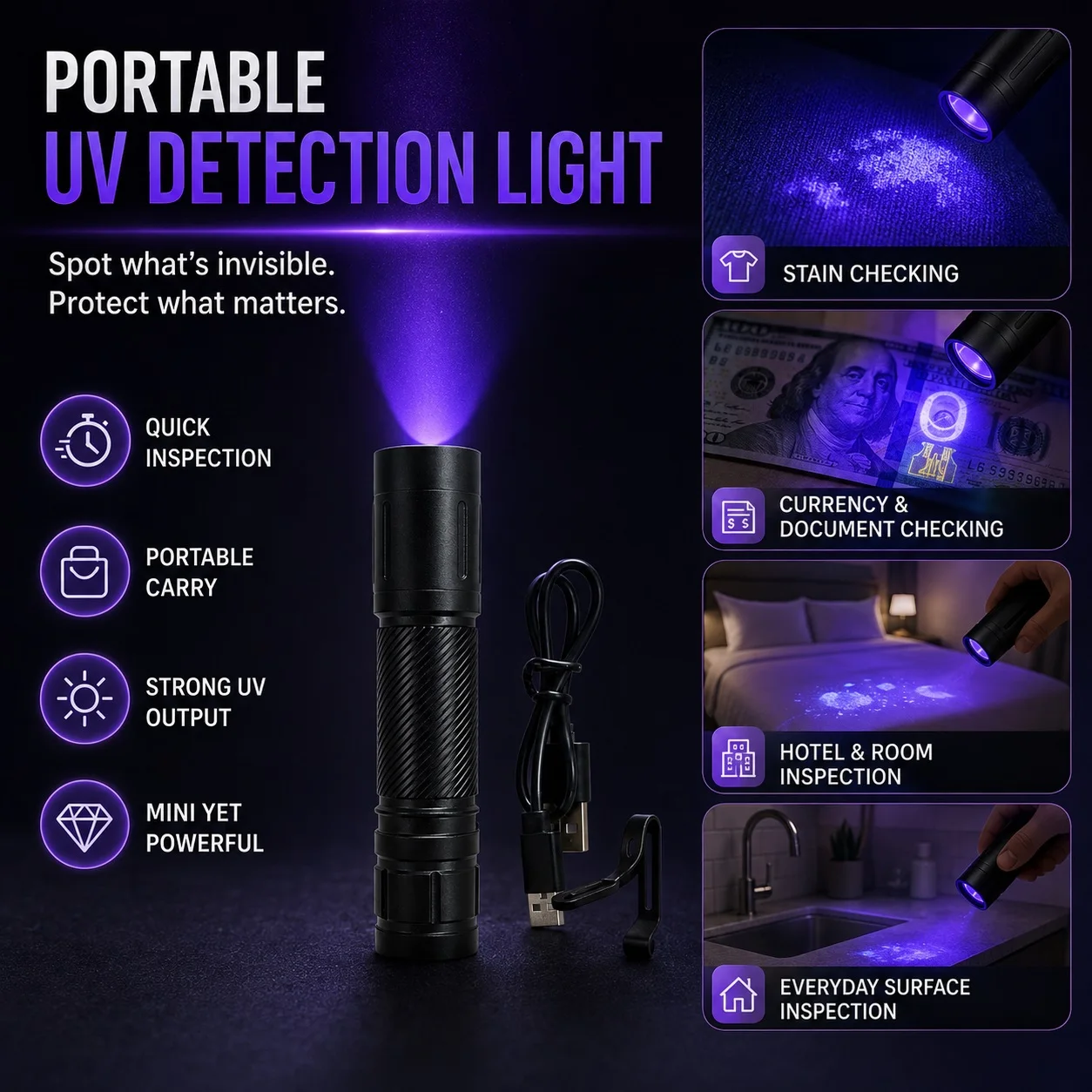 Portable Mini Uv Purple Light, Led Ultraviolet Pen Light, Metal Clip Design, Wireless Use, One-Touch Activation, Suitable for Observing Fluorescent Materials, Hidden Markings, and Features of Documents; Pen-Shaped Led Ultraviolet Light, Mini Portable Uv Purple Flashlight, with Metal Pocket Clip, One-Touch Switch, Suitable for Observing Fluorescent Markings, Document Verification, and for Use in Tool Kits for On-The-Go Inspection.