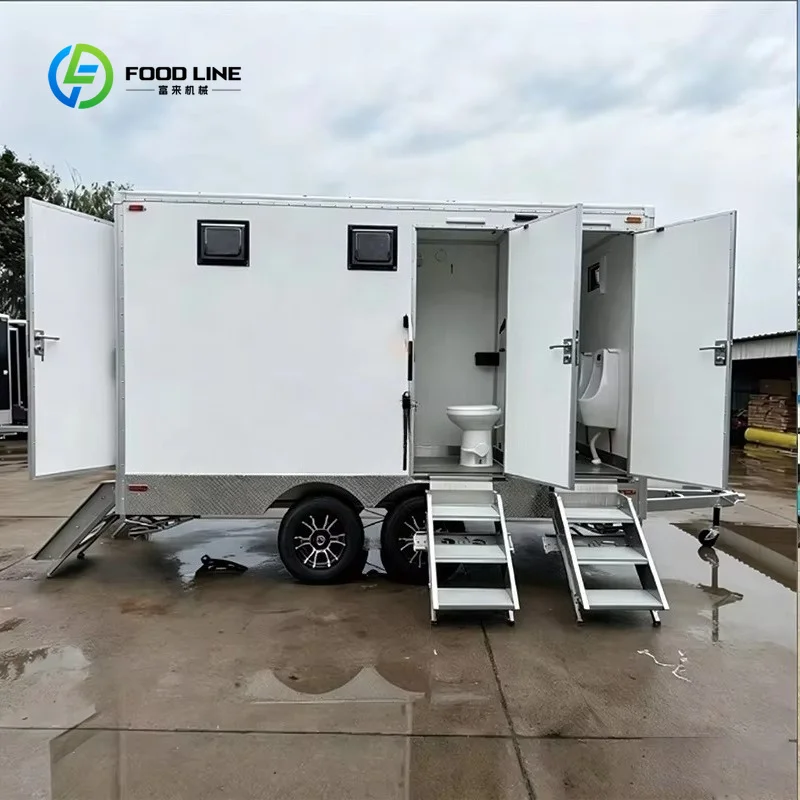 Customized Heavy Duty Commercial White 2-Stall Mobile Toilet Trailer, Flush & Ventilation Sys. with Waste Tank for Sites