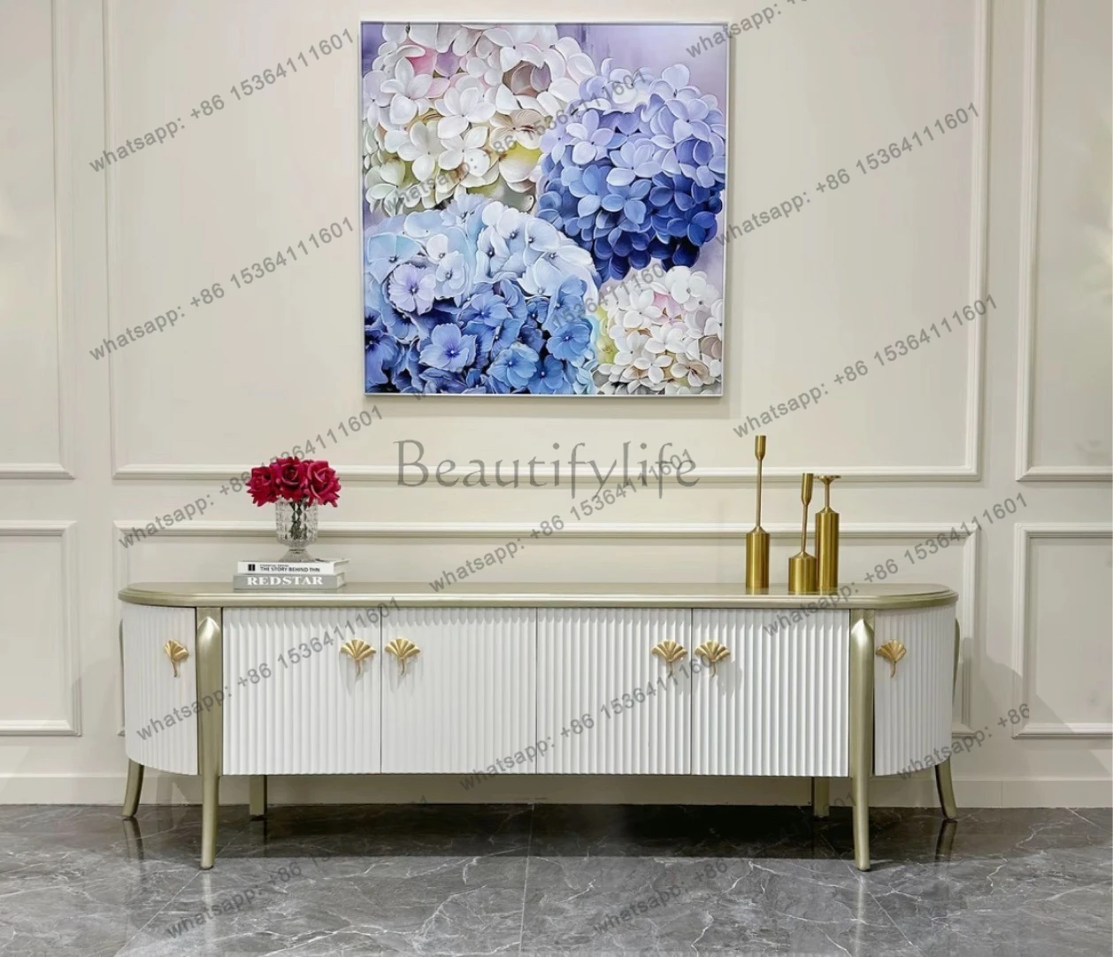 American light luxury TV cabinet white champagne floor cabinet household storage high-end villa