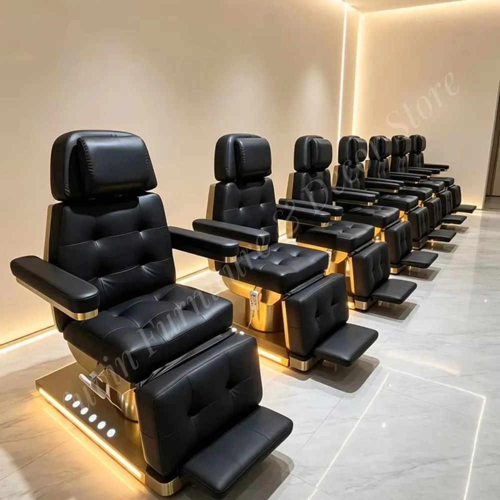 Luxury Black Gold Electric Facial Chair Reclining Beauty Salon Treatment Chair PU Leather Adjustable Cosmetic Spa Chair