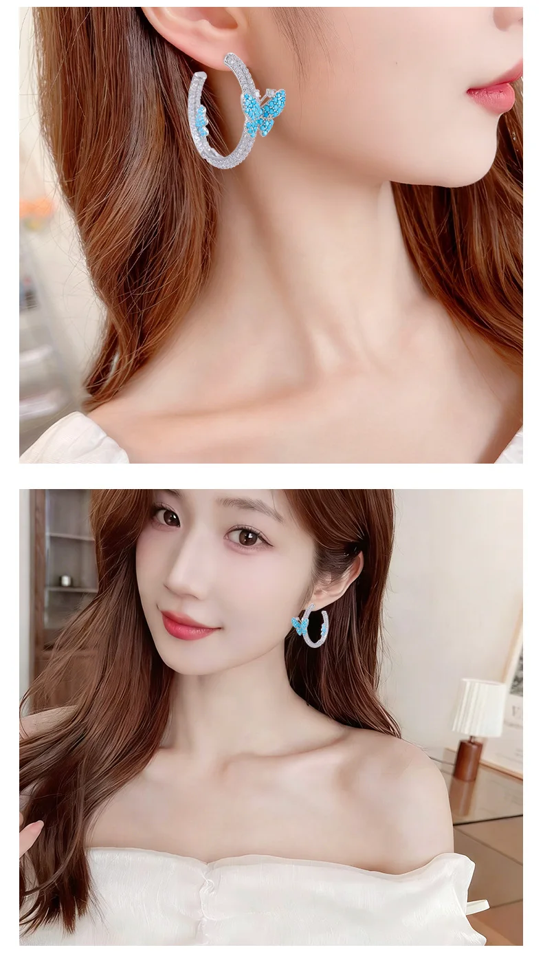 

Blue Turquoise Butterfly Earrings with Zircon Light Luxury French Style Jewelry Women's Fashion Jewelry LYX425