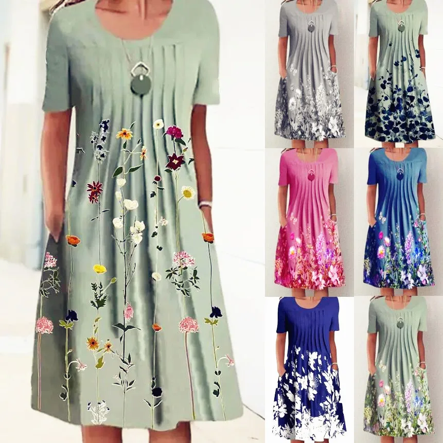 Hot Women Loose Summer Floral Vintage Sexy Ruffles Pocket Befree Dress Large Big Boho Casual Party Elegant Midi Maxi Dresse