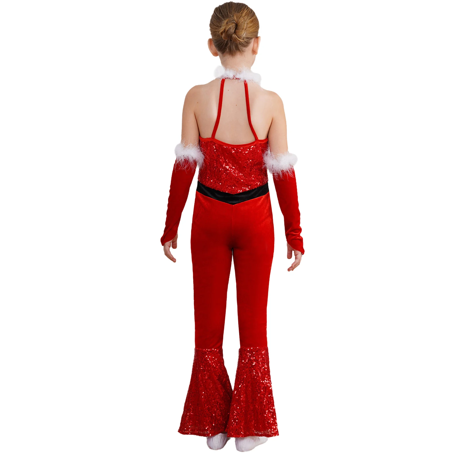 Girls Sleeveless Velvet Sequin Christmas Flared Jumpsuit with Arm Sleeve New Year Party Xmas Carnival Dance Cosplay Costume