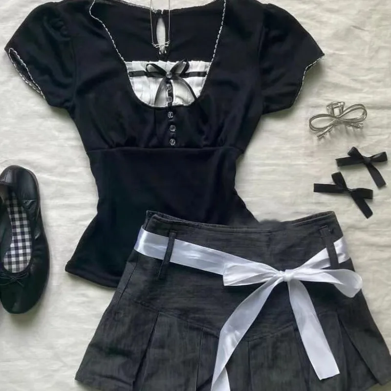 Mori Girl Style Bow Sets Sweet Tees Korean Elegant Black Tshirts Women High Waist Cake Pleated Skirts Preppy Y2k Two Piece