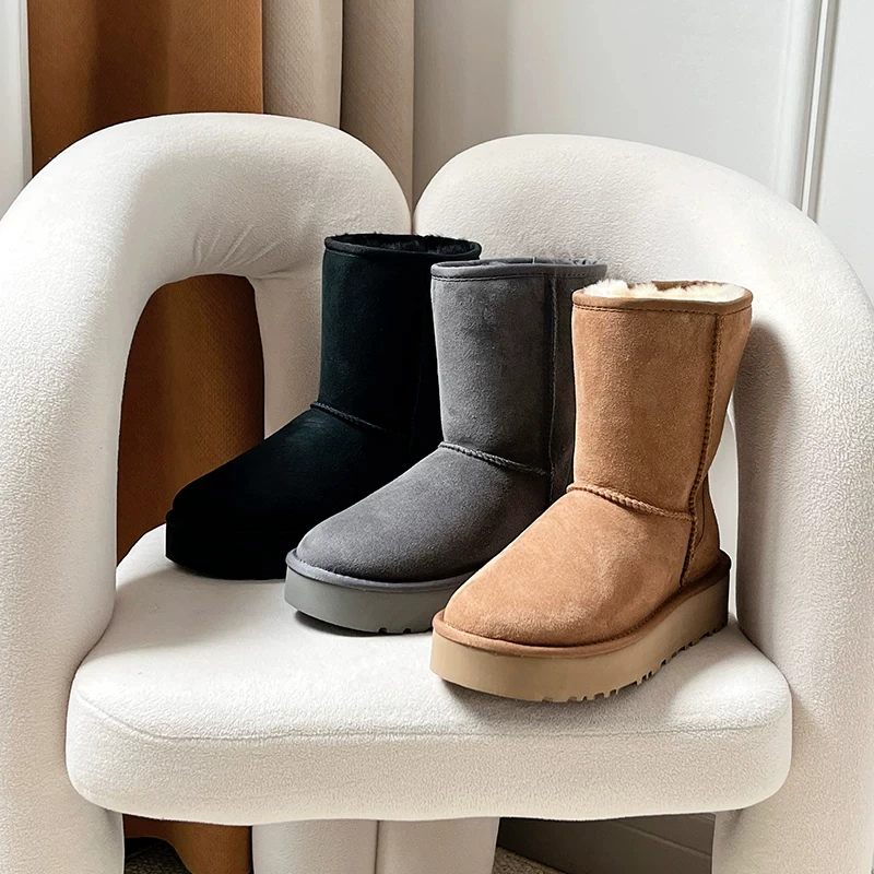 Thick soled midsole classic snow boots, new warm women's leather, real wool, sheep fur integrated