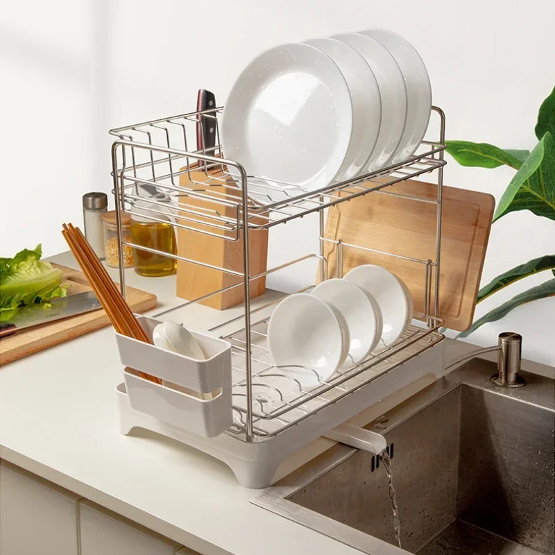 

Bowl Dish Storage Rack 304 Stainless Steel Drain Rack Tabletop 2 Layers Kitchen Shelf with Cutting Board Holder Chopstick Tube