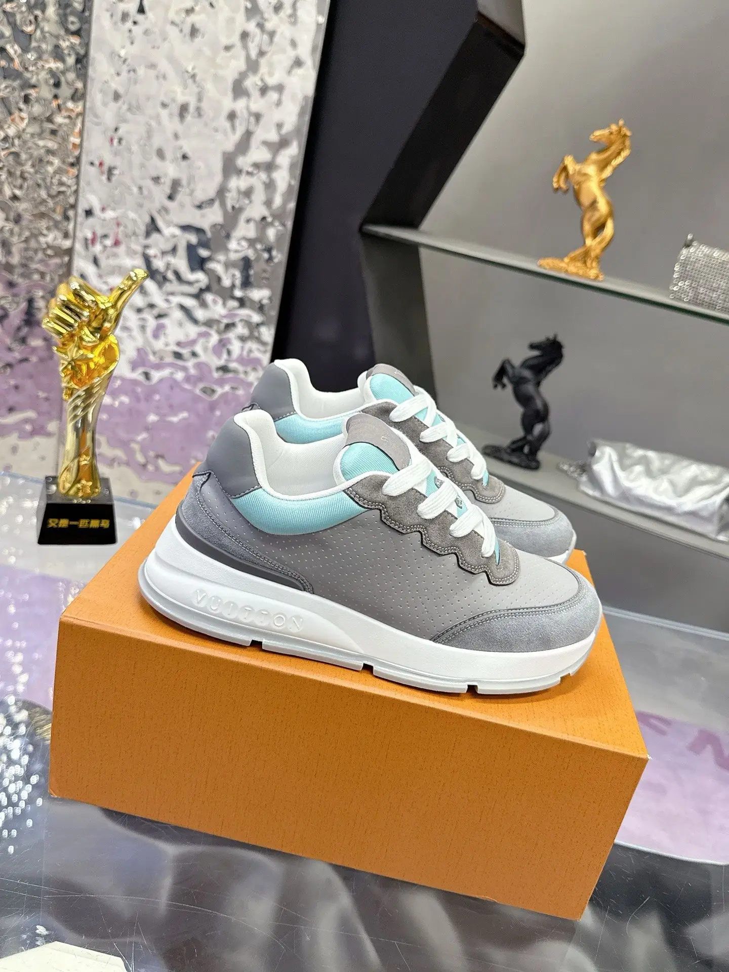 Women Grey Light Blue Patchwork Casual Sneakers Wavy Edge Suede Splicing Thick Platform Sole Lace Up Height Increasing Retro Walking Shoes