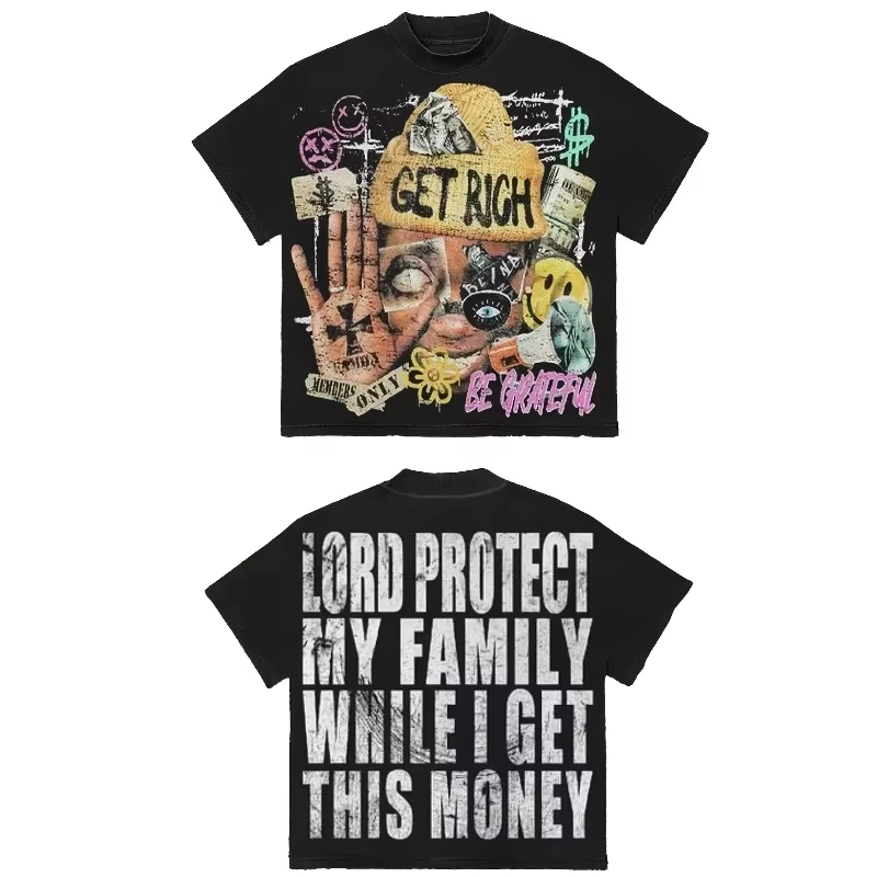 

Мужская футболка с рисунком Y2K «Get Rich and God Bless Your Family», рубашка с короткими рукавами в уличном стиле, летний топ с жирными деньгами