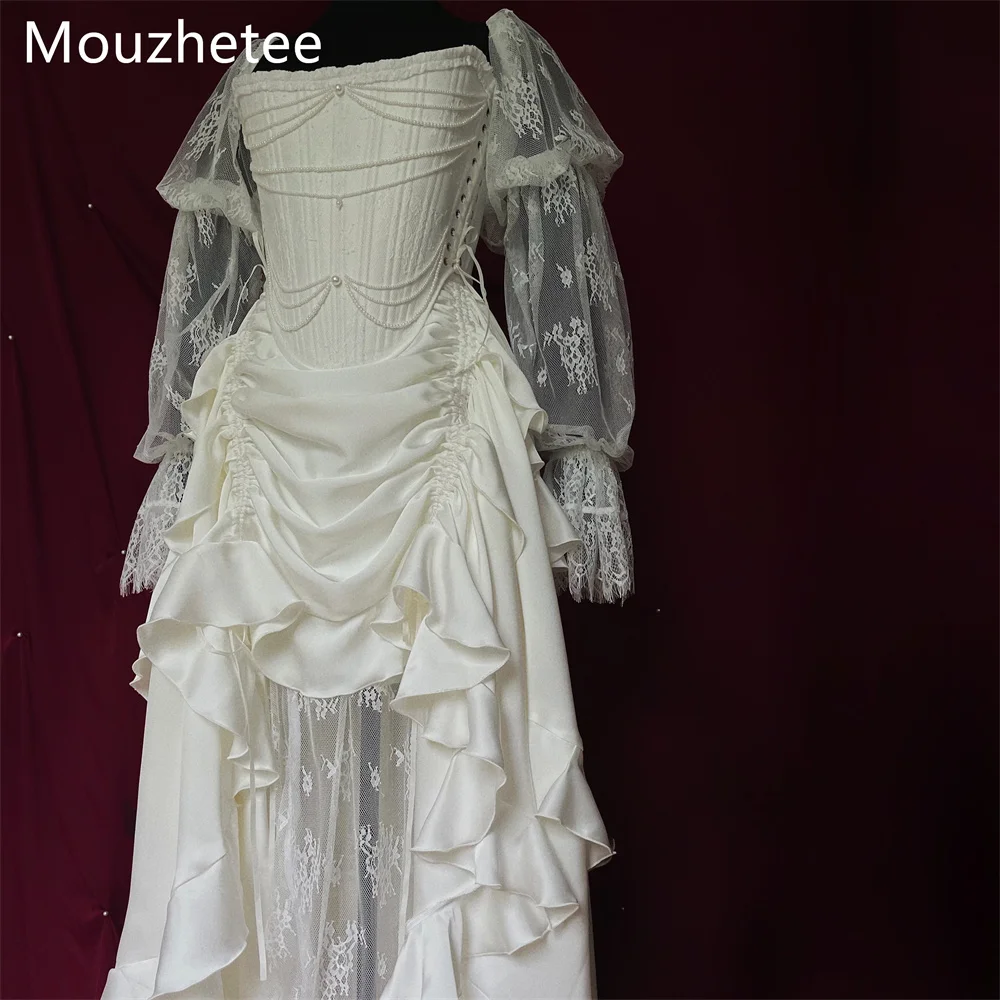 Mouzhetee A-Line Pastoral Lace Pleat Wedding Dresses Elegant Long Sleeve Off The Shoulder Brides Gown Custom Made 2026