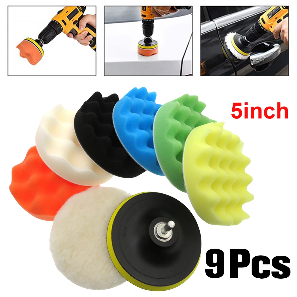 

9 Pcs 5 Inch Sponge Waxing Foam Buffing Kit Buffer Drill Wheel Polisher Buffing Waxing Sponge Pads Kit for Auto Remove Scratches