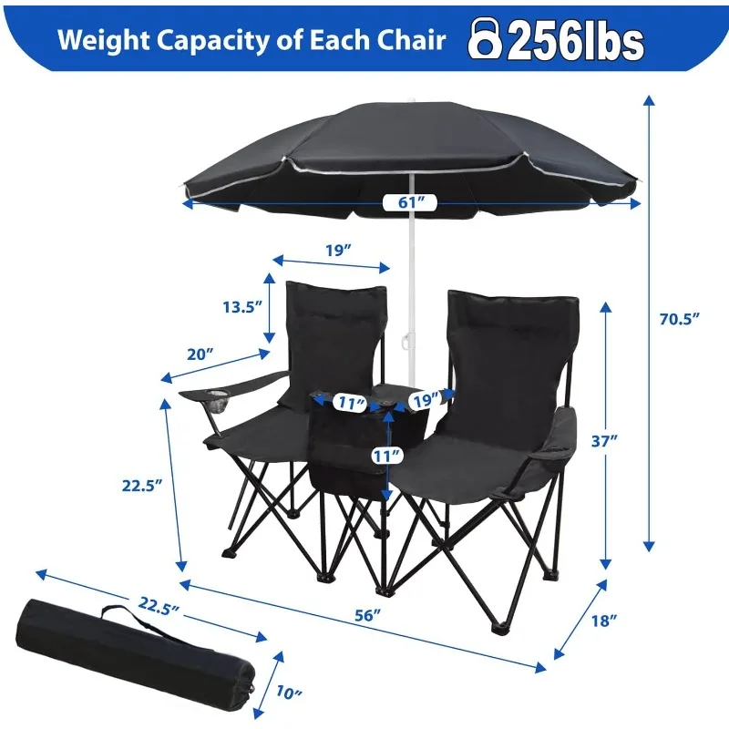 Simple double camping chair with umbrella,  refrigerated bag, cup holder,mini table, each seat can support the beach chair