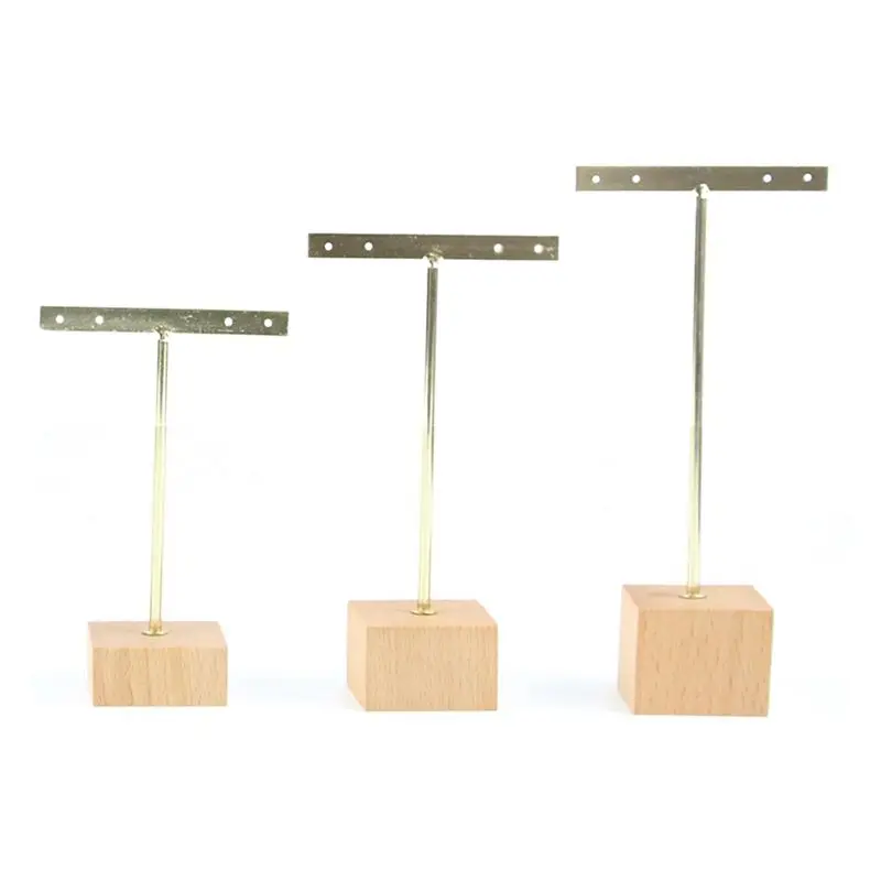 AT16 3Pcs Gold Metal T Bar Earring Display Stand with Wooden Square Base 4 Holes Jewelry Holders Hanging Earring Organizer
