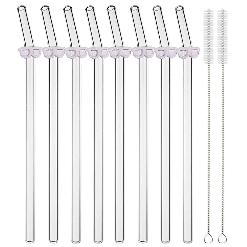 8Pcs Glass Straws Set with Cleaning Brush 200*8mm Drinking Straw High Borosilicate Bent Glass Straw Home Party Bar Drinkware