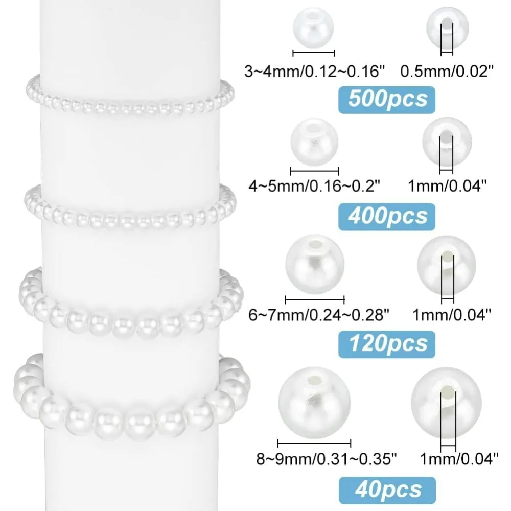 About 1060 Pcs Glass Pearls, White Round Center Drilled Pearl Luster Painted Glass Beads Jewelry Making Suitable for DIY