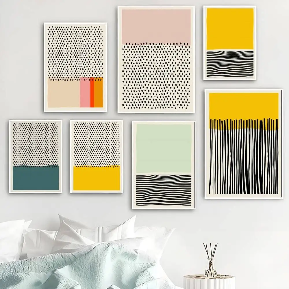 Mid Century Abstract Geometric Poster Dot Wave Line Color Block Minimal Boho Living Room Bedroom Wall Decor Unframed Painting