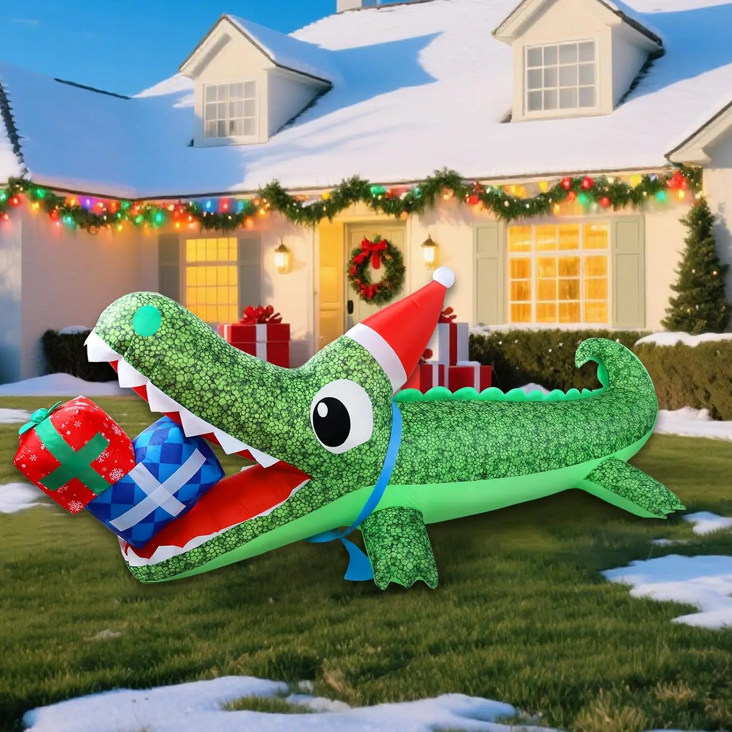 9.3 FT Christmas Inflatable Crocodile Yard Decoration, Blow-Up Xmas Alligator Outdoor Decor with Christmas Hat and Gift Box, Built-in LED Lights for Lawn Garden Indoor Outside Holiday Display