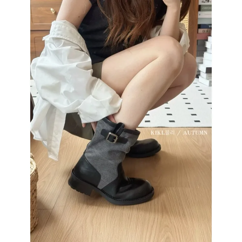 Retro Leather Canvas Mid-Calf Knight Boots Women's Metal Buckle Chunky Heel Fashionable Denim Boots Comfortable round Toe