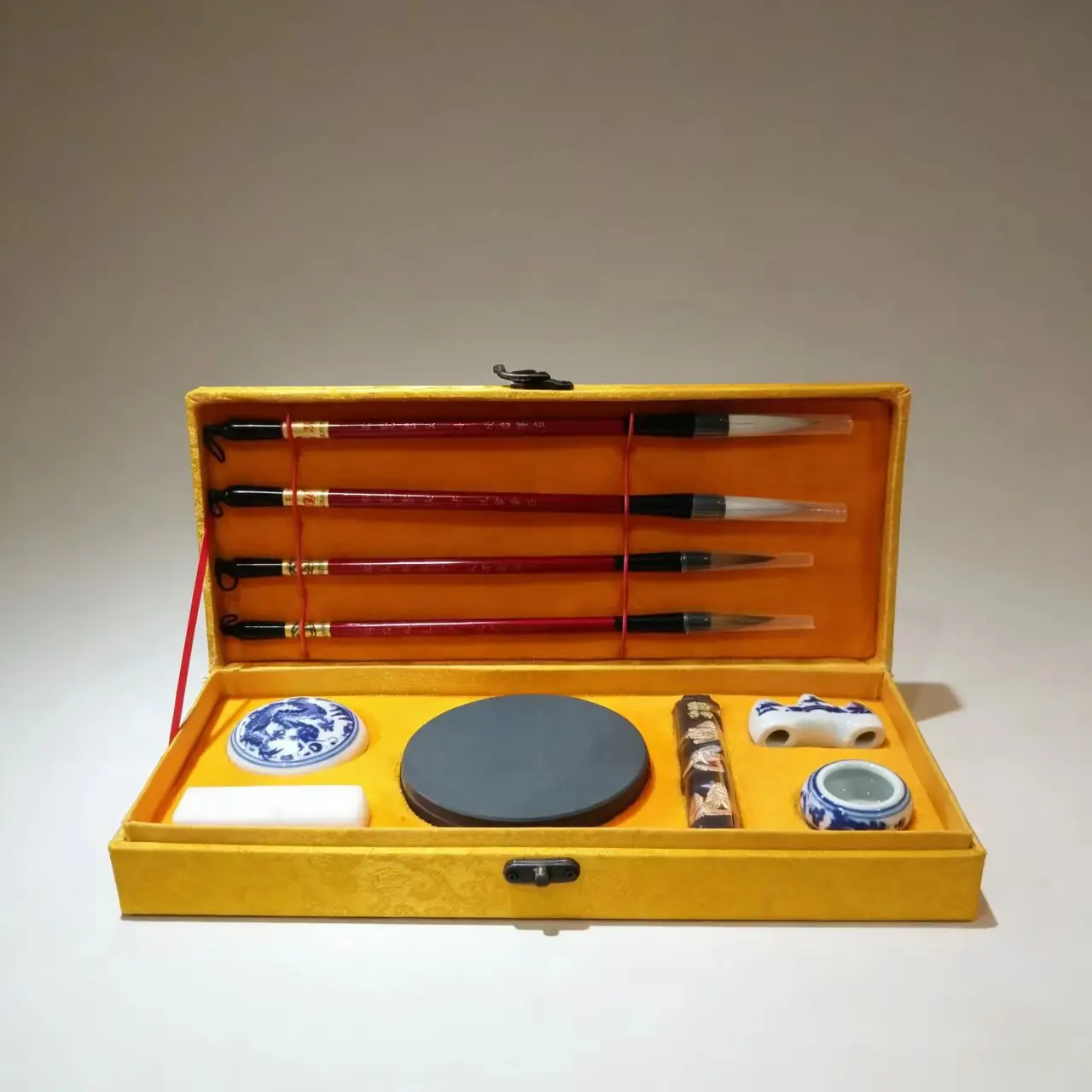 Chinese Calligraphy Gift Set for Adults and Beginners, Wolf Hair and Mixed Hair Brushes in Yellow Brocade Box, Four Treasures