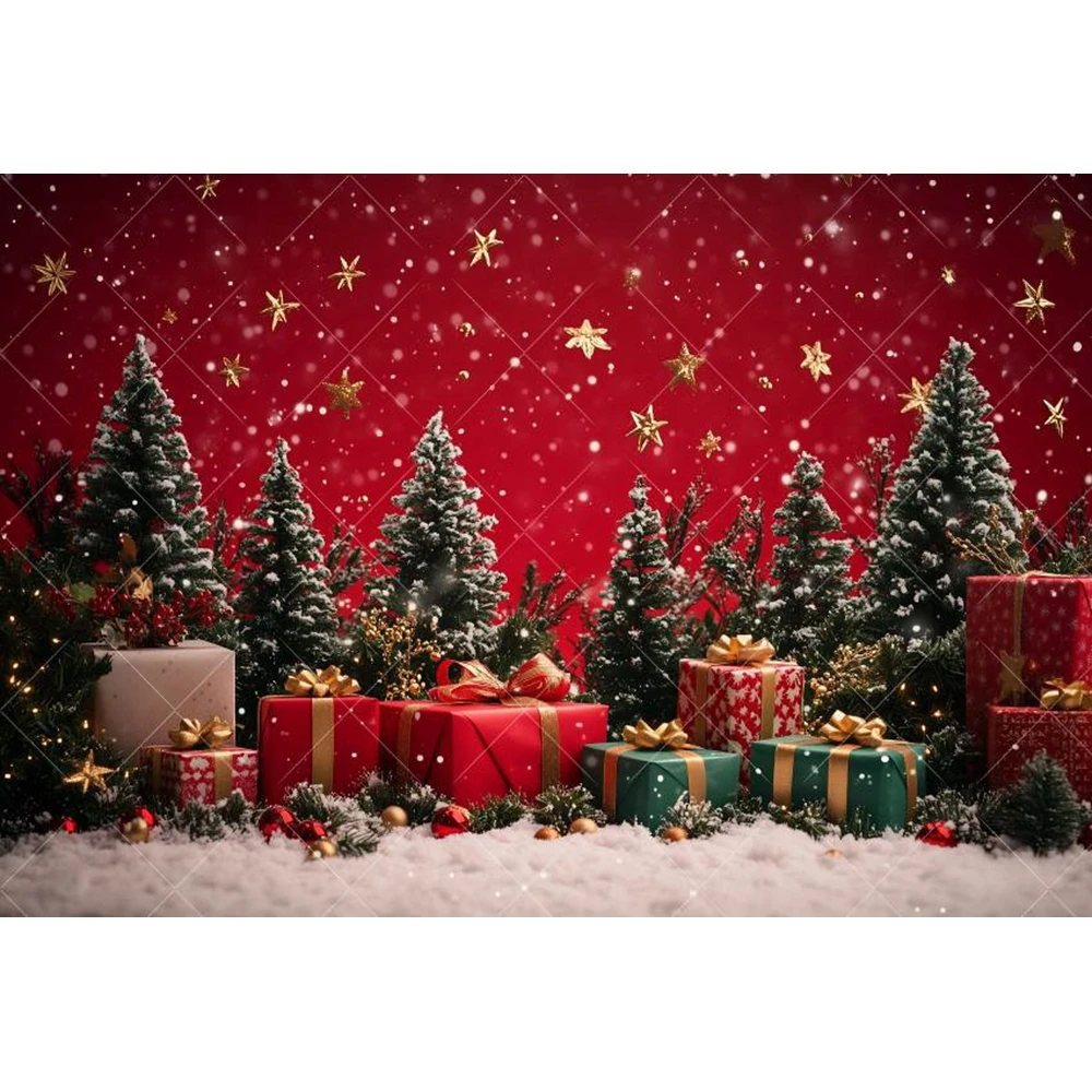 Christmas Decoration Backdrop Red Wall Xmas Tree Glitter Gold Gift Winter Snowflake Family Portrait Backgrounds For Photographs
