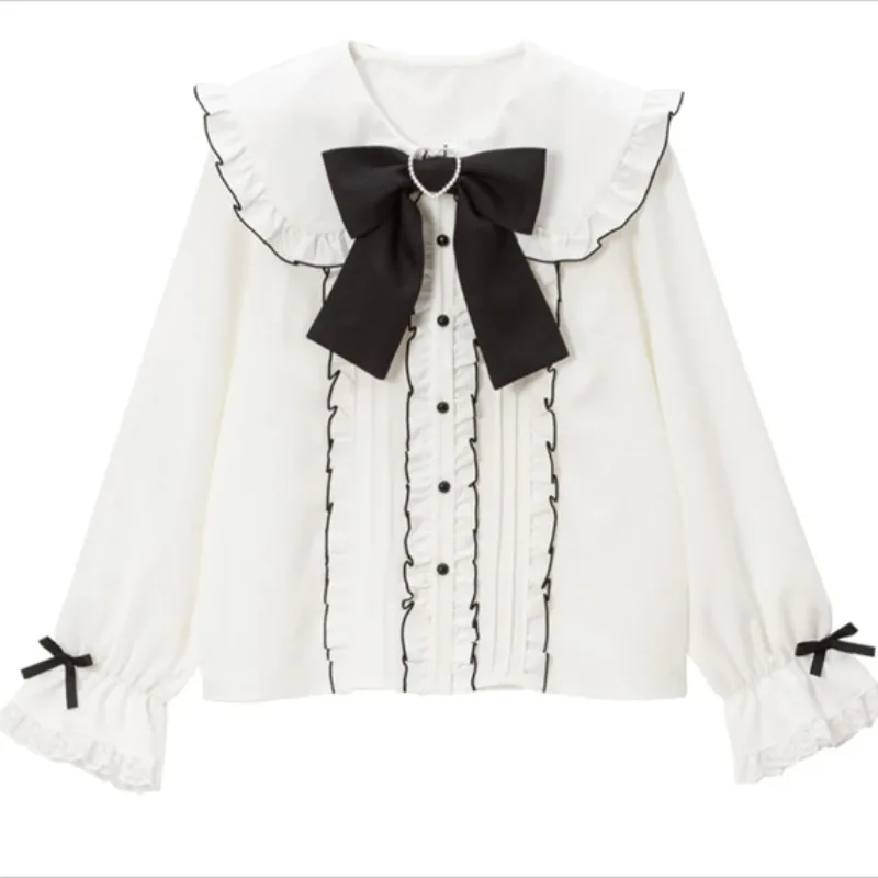 Blusas Mujer De Moda 2024 Vintage Peter Pan Collar Design Sense Bowknot Shirts Single-breasted Kawaii Women Sweet Lolita Blouses